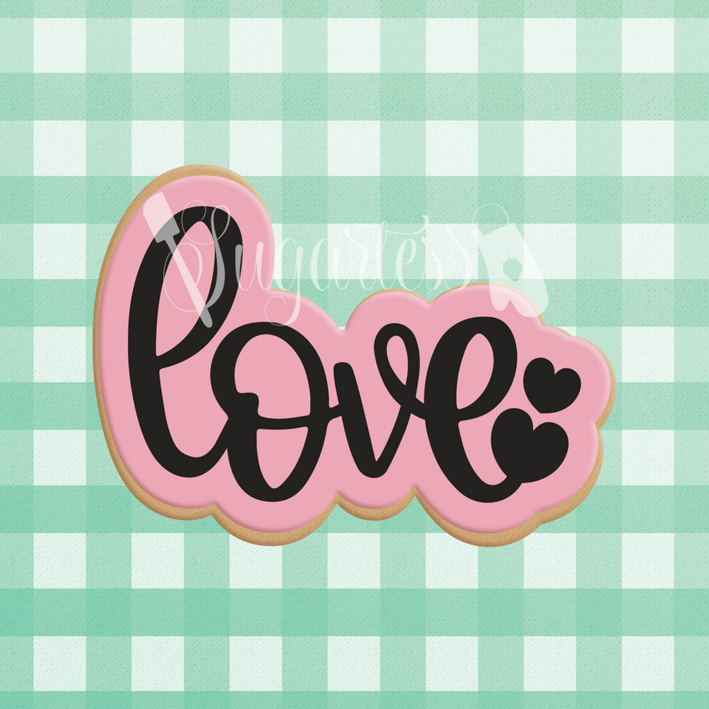 Sugartess cookie cutter in shape of cursive LOVE word plaque with hearts at the end.