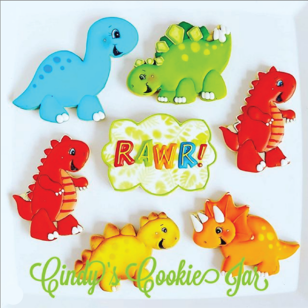 Set of colorful cartoon dinosaur decorated cookies - cutters by Sugartess Cutters.