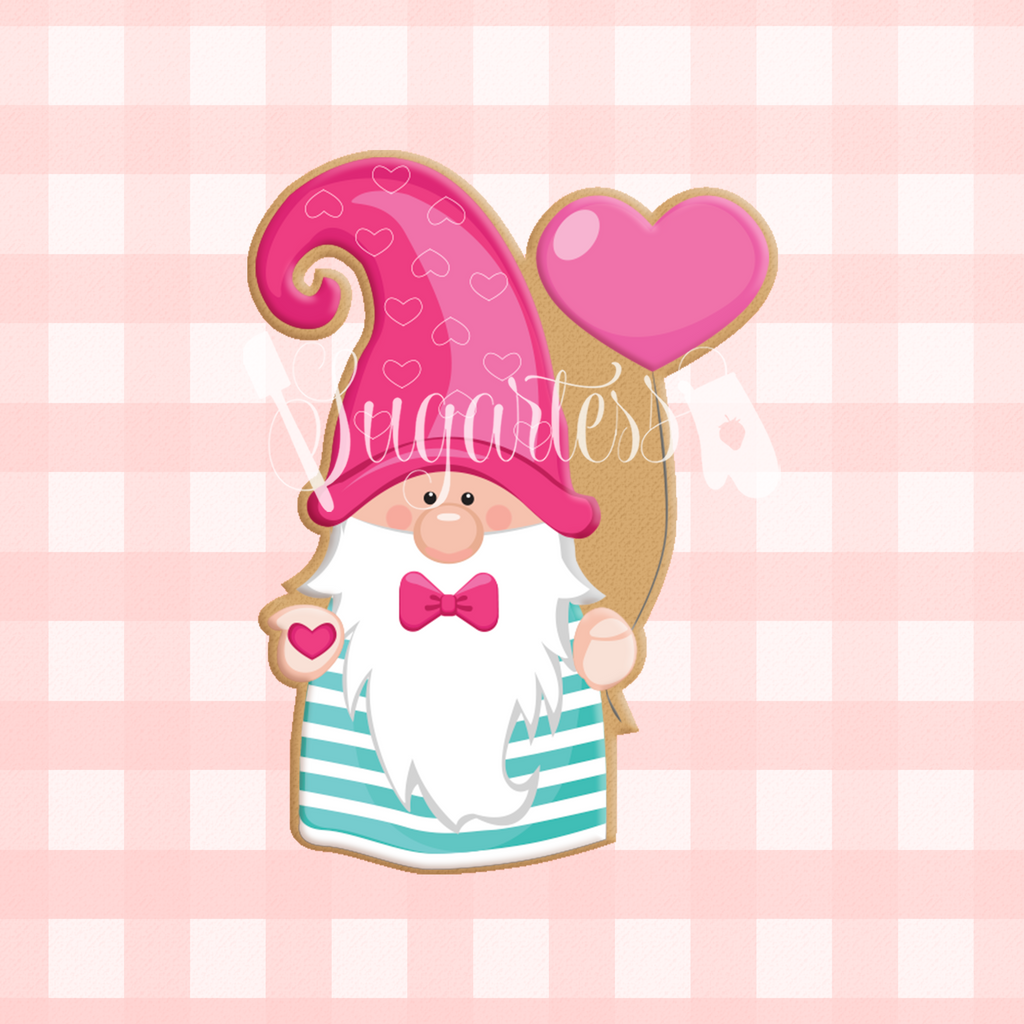 Sugartess custom cookie cutter in shape of boy gnome with heart balloon.