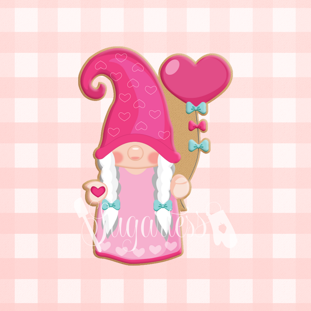 Sugartess custom cookie cutter in shape of girl gnome holding a heart balloon.