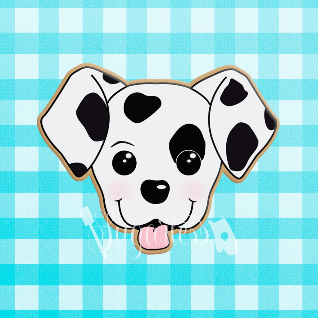 Sugartess custom cookie cutter in shape of a Dalmatian puppy dog head.