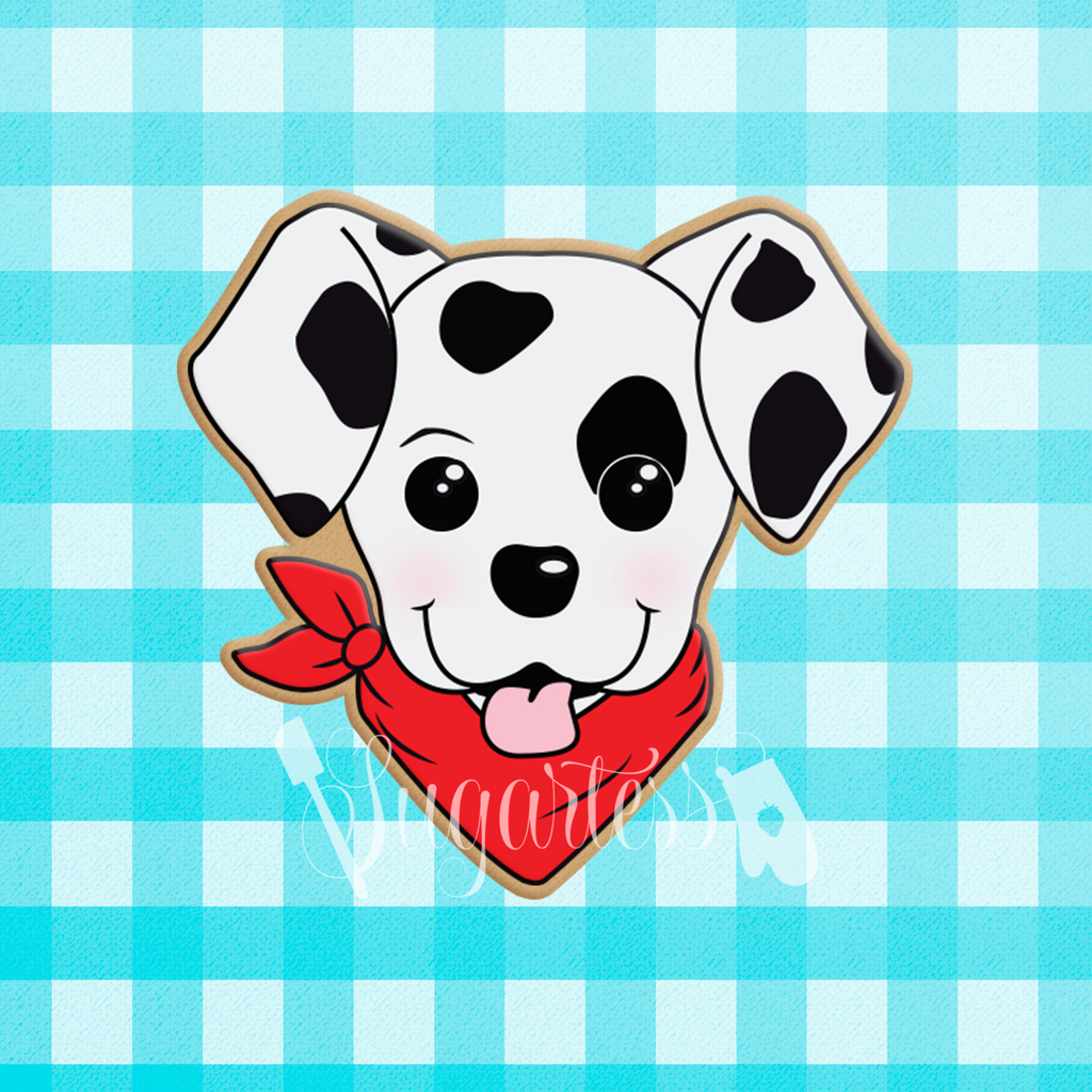 Sugartess custom cookie cutter in shape of a Dalmatian puppy dog head with red bandana neck scarf.