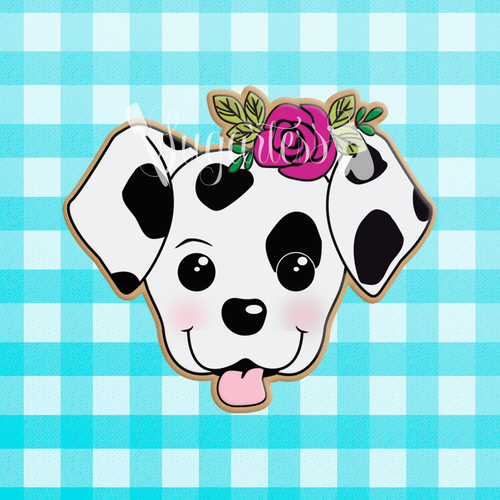 Sugartess custom cookie cutter in shape of a Dalmatian puppy dog head with floral headpiece.