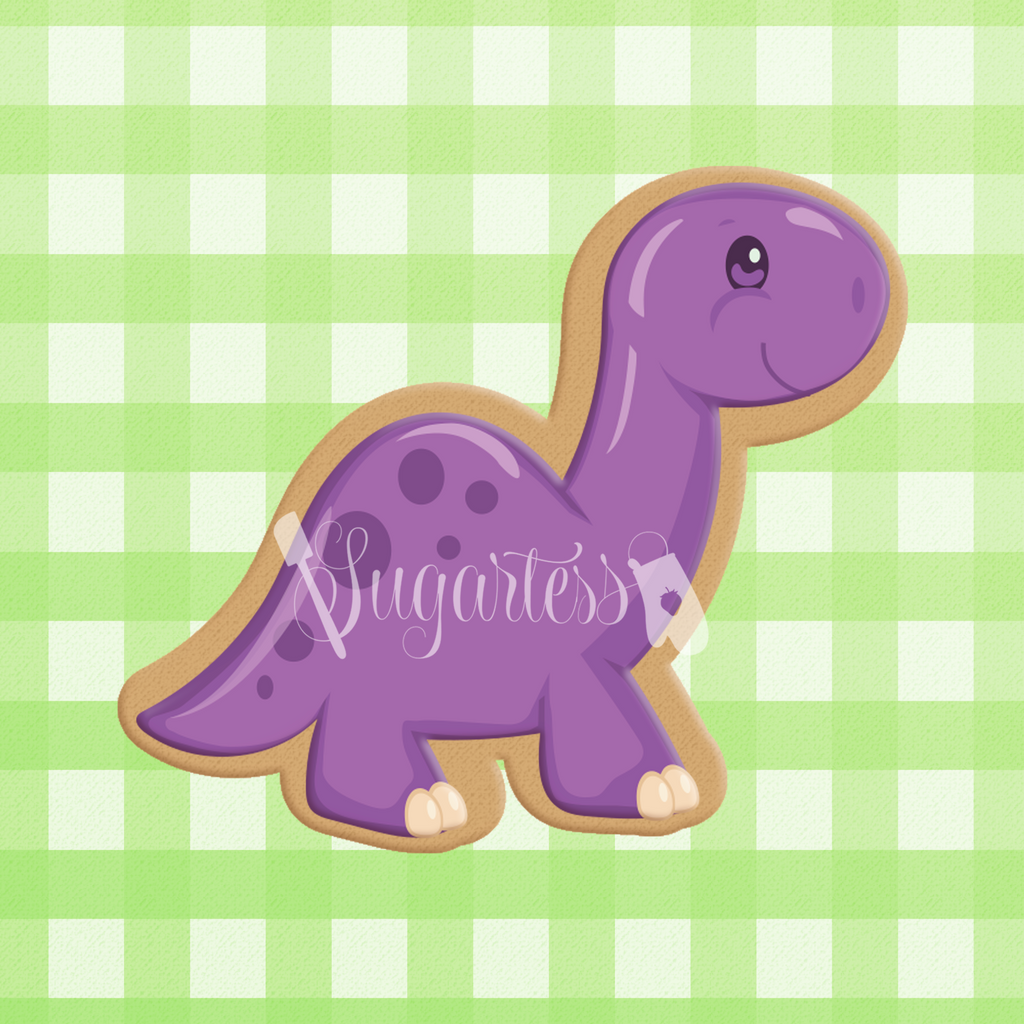 Sugartess custom cookie cutter in shape of a cartoon branchiosaurus  dinosaur.