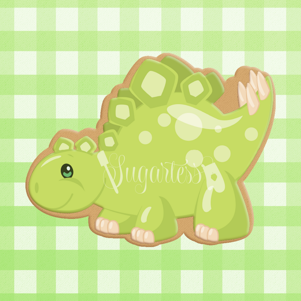 Sugartess custom cookie cutter in shape of a cartoon stegosaurus  dinosaur.