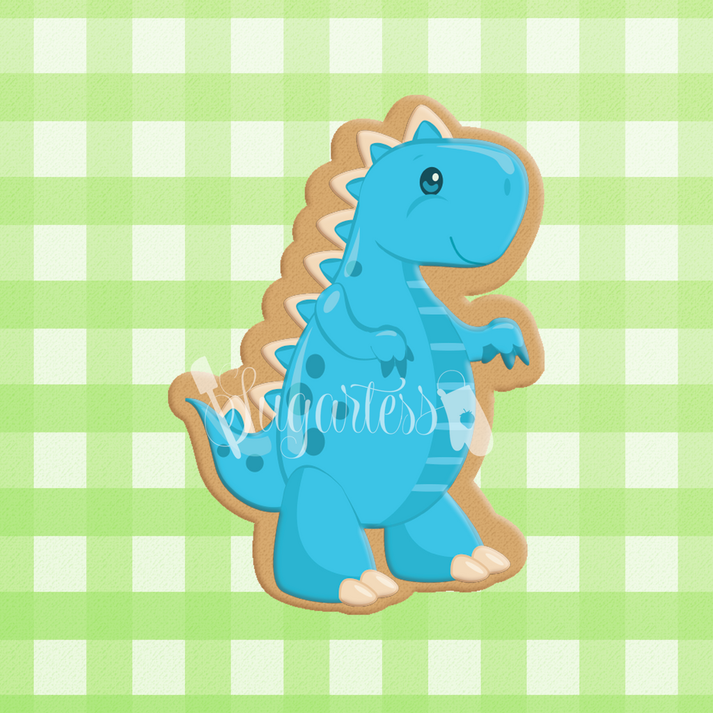 Sugartess custom cookie cutter in shape of a cartoon tyrannosaurus  dinosaur.