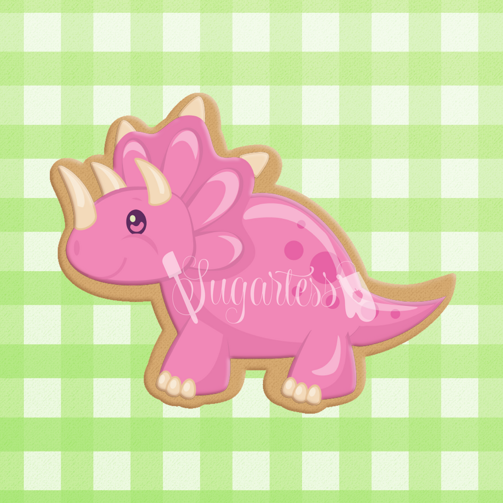 Sugartess custom cookie cutter in shape of a cartoon triceratops  dinosaur.