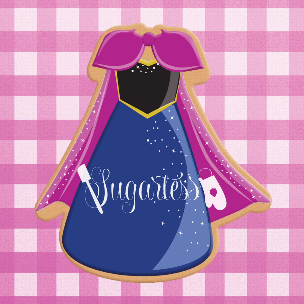 Sugartess cookie cutter in shape of Dress Young Winter Princess. 3D printed from biodegradable  PLA plastic in diferent sizes ranging from 2 to 6 inches.