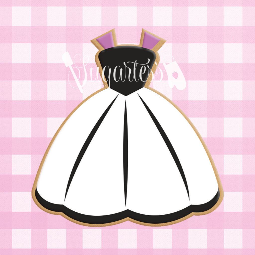 Sugartess custom cookie cutter in shape of strap dress with circular skirt.
