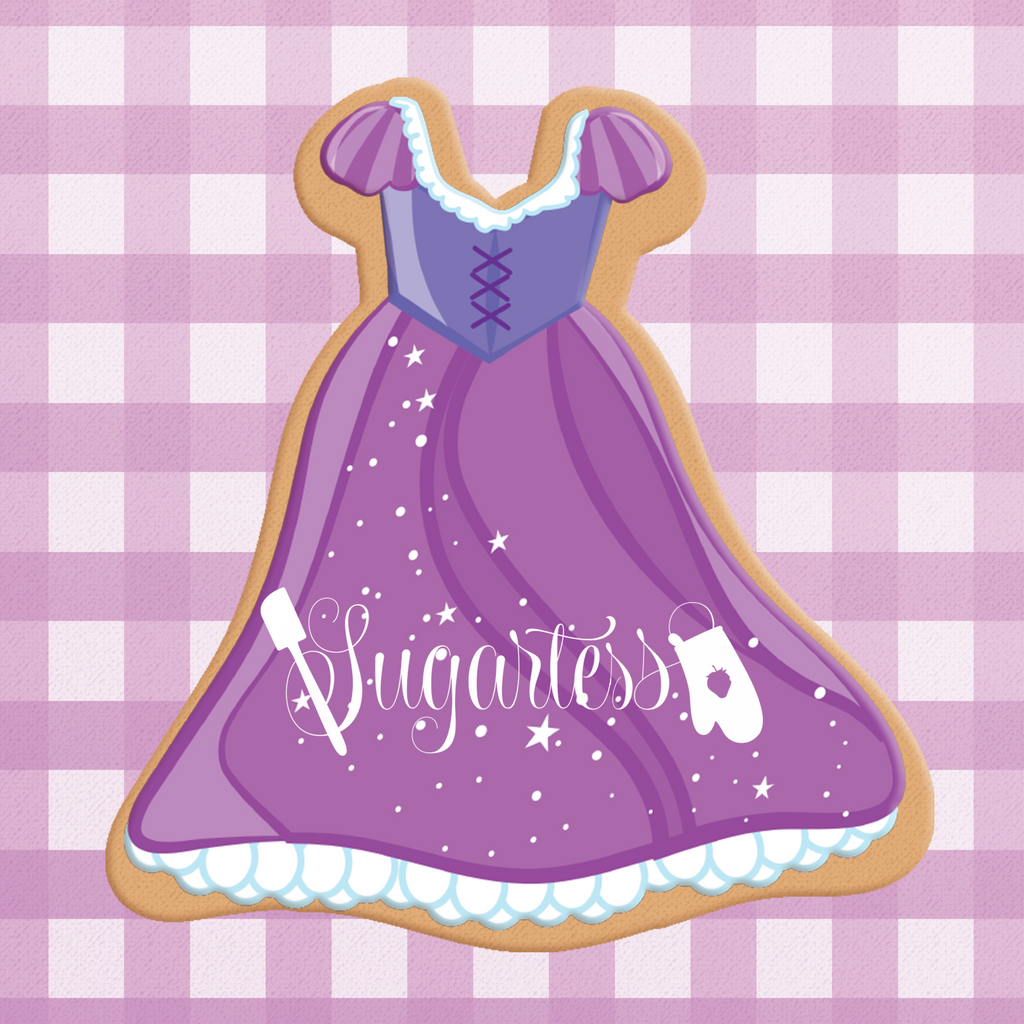 Sugartess cookie cutter in shape of Dress Princess Rapunzel. 3D printed from biodegradable  PLA plastic in diferent sizes ranging from 2 to 6 inches.