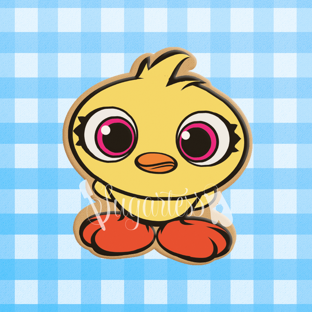 Sugartess custom cookie cutter in shape of toy plush chick character.