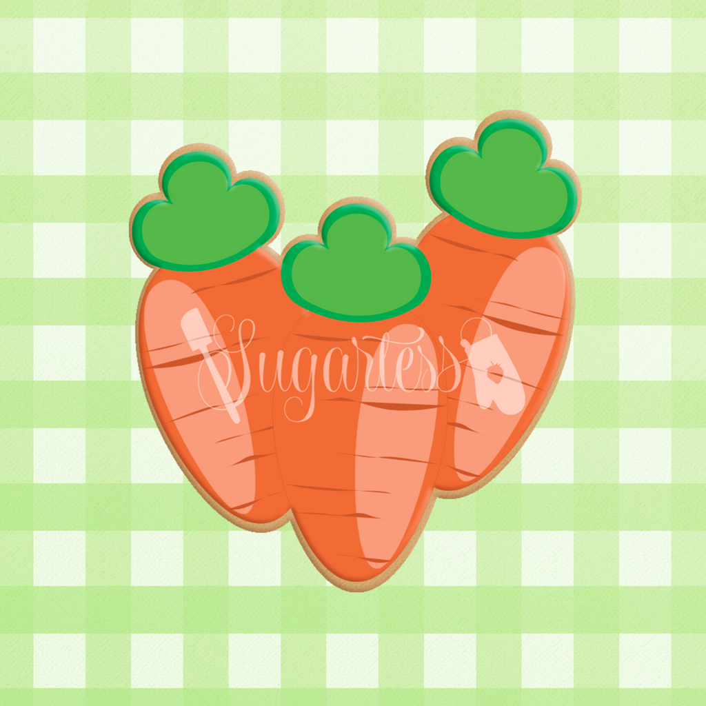Sugartess custom cookie cutter in shape of three chubby carrots.