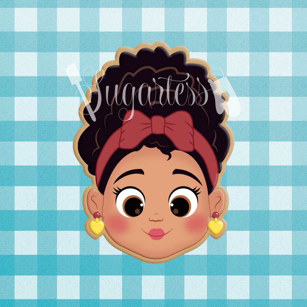 Sugartess custom cookie cutter in shape of Encanto Dolores Madrigal Head.