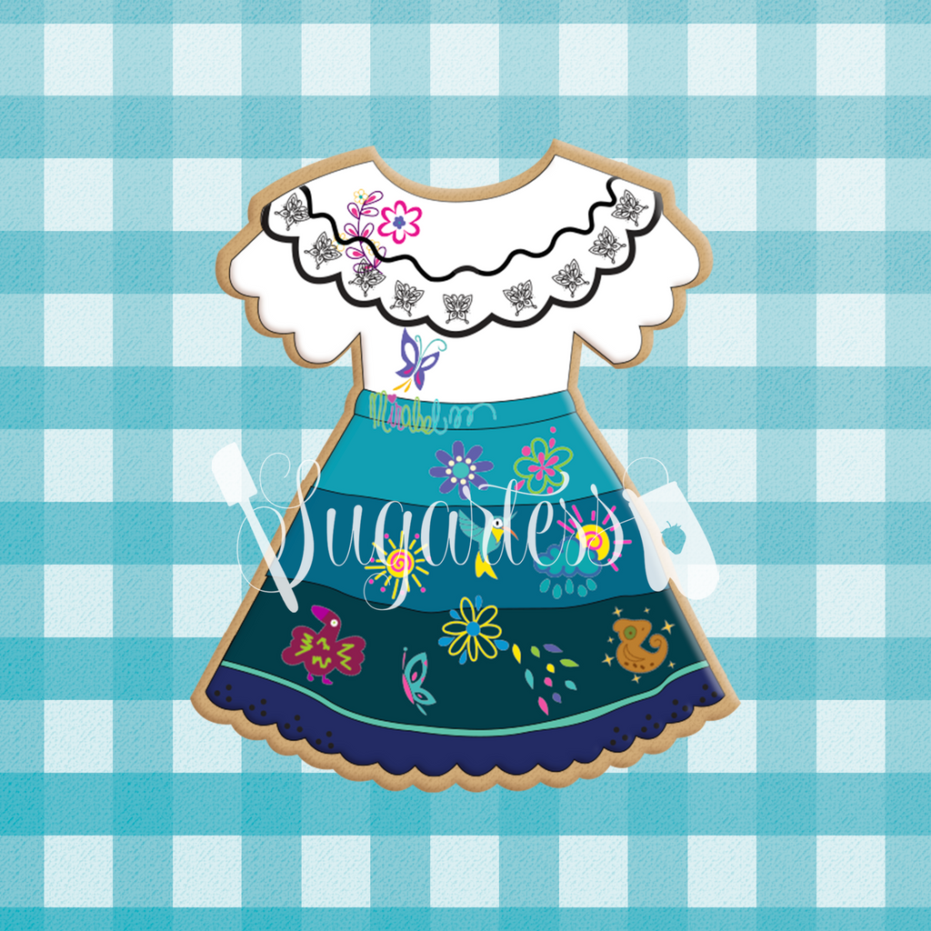 Sugartess custom cookie cutter in shape of Encanto Mirabel Madrigal's Dress.