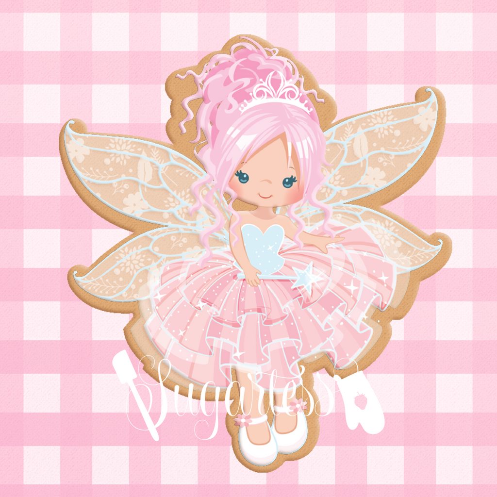 Sugartess custom cookie cutter in shape of pink fairy.