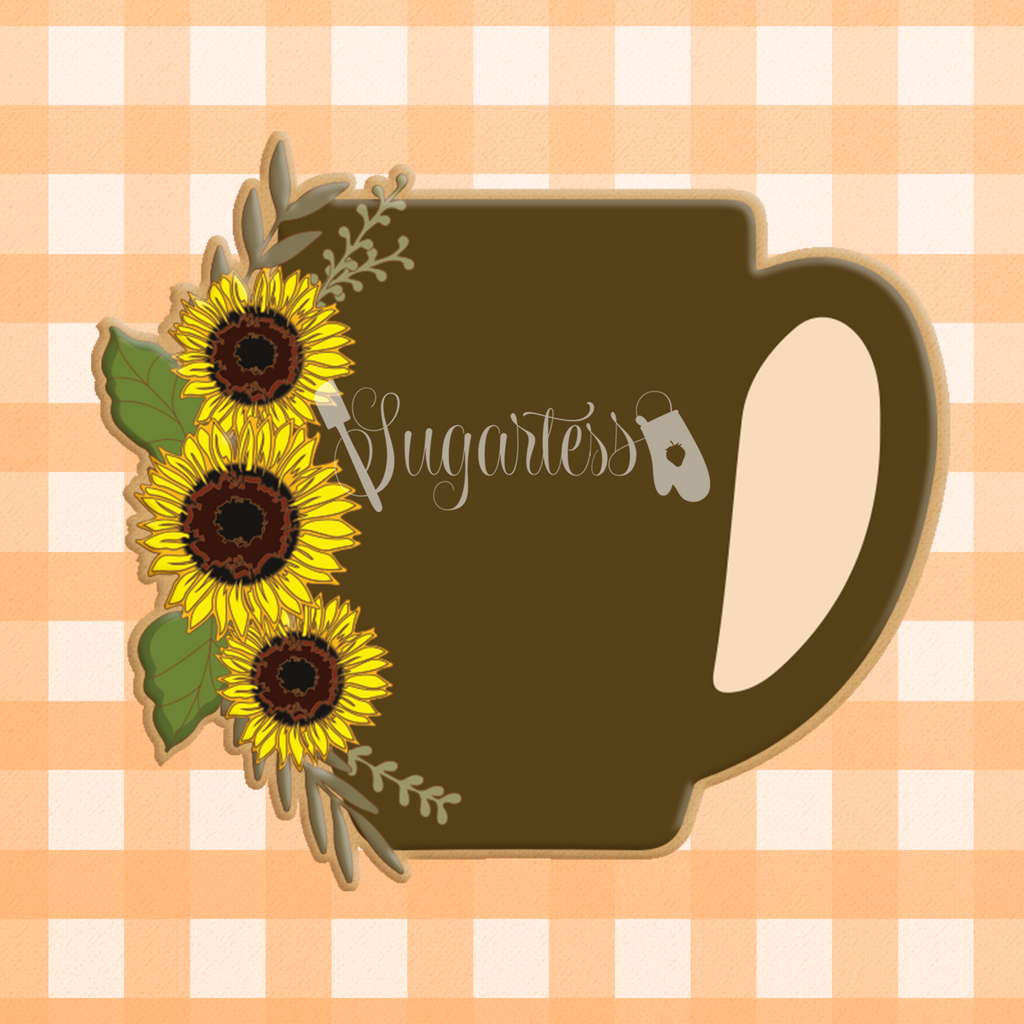 Sugartess custom cookie cutter in shape of mug with sunflower garland.