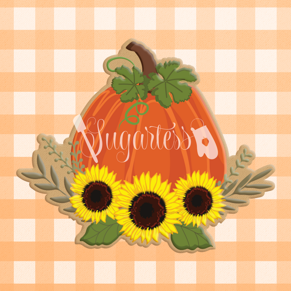 Sugartess custom cookie cutter in shape of pumpkin with sunflower garland.