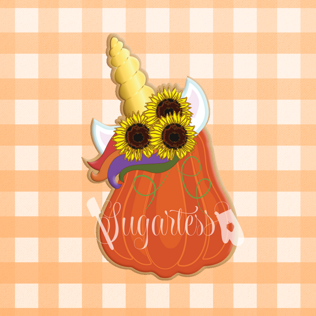 Sugartess custom cookie cutter in shape of unicorn sunflower pumpkin.