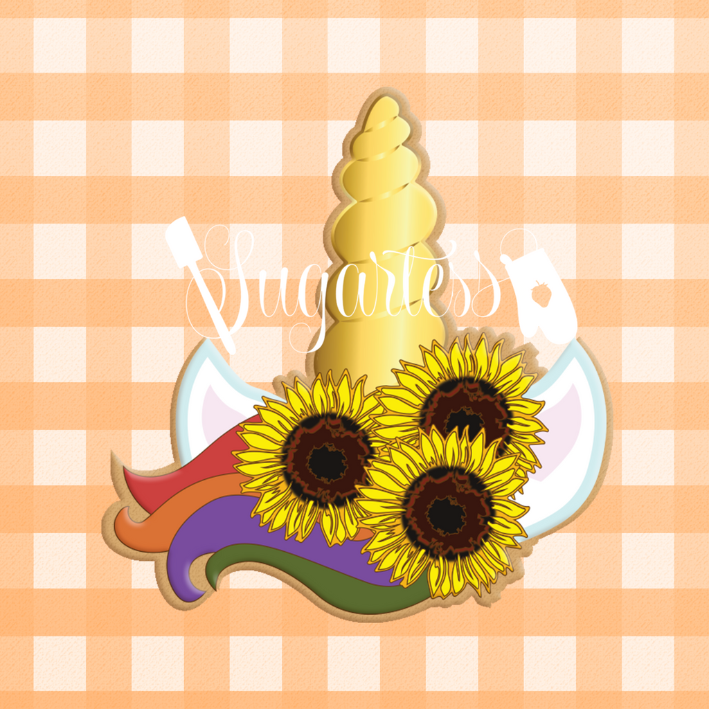 Sugartess custom cookie cutter in shape of a fall floral unicorn horn with sunflowers.
