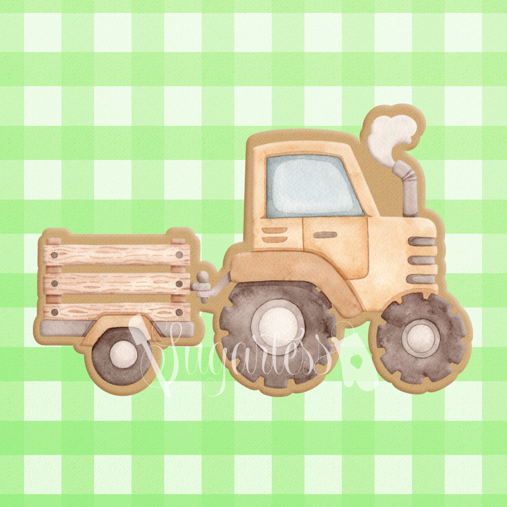Sugartess cookie cutter in shape of a farm tractor pulling a loader trailer cart.