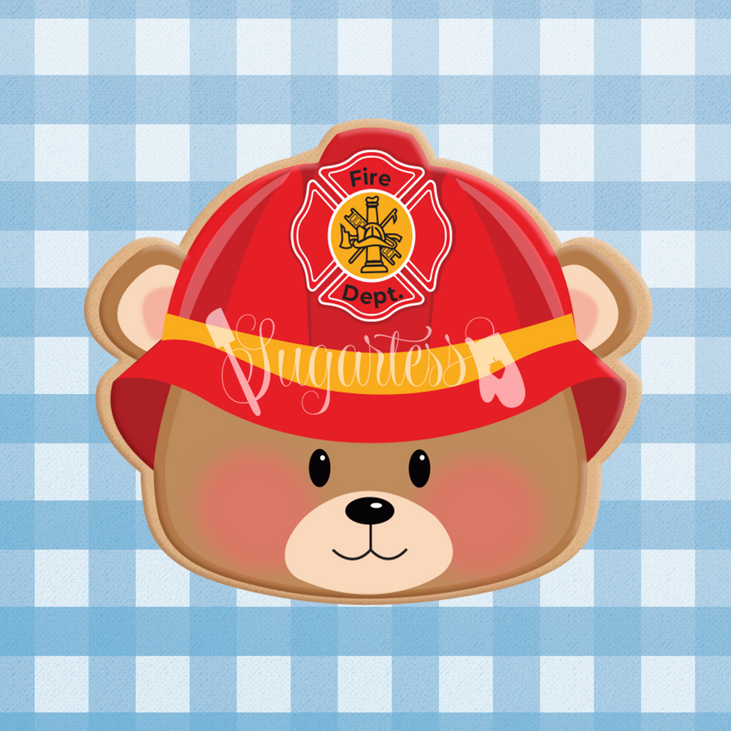 Sugartess custom cookie cutter in shape of a bear or puppy head with fire fighter's helmet.