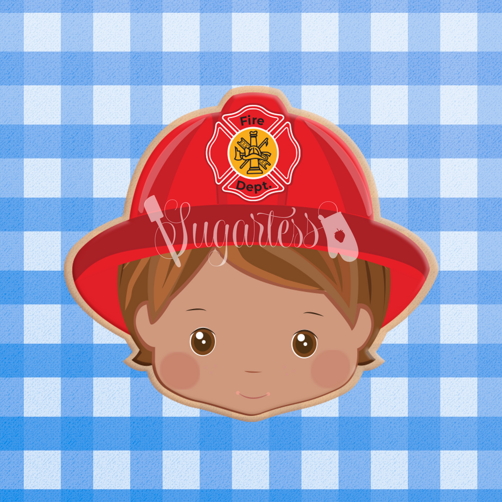 Sugartess custom cookie cutter in shape of firefighter head with hat.