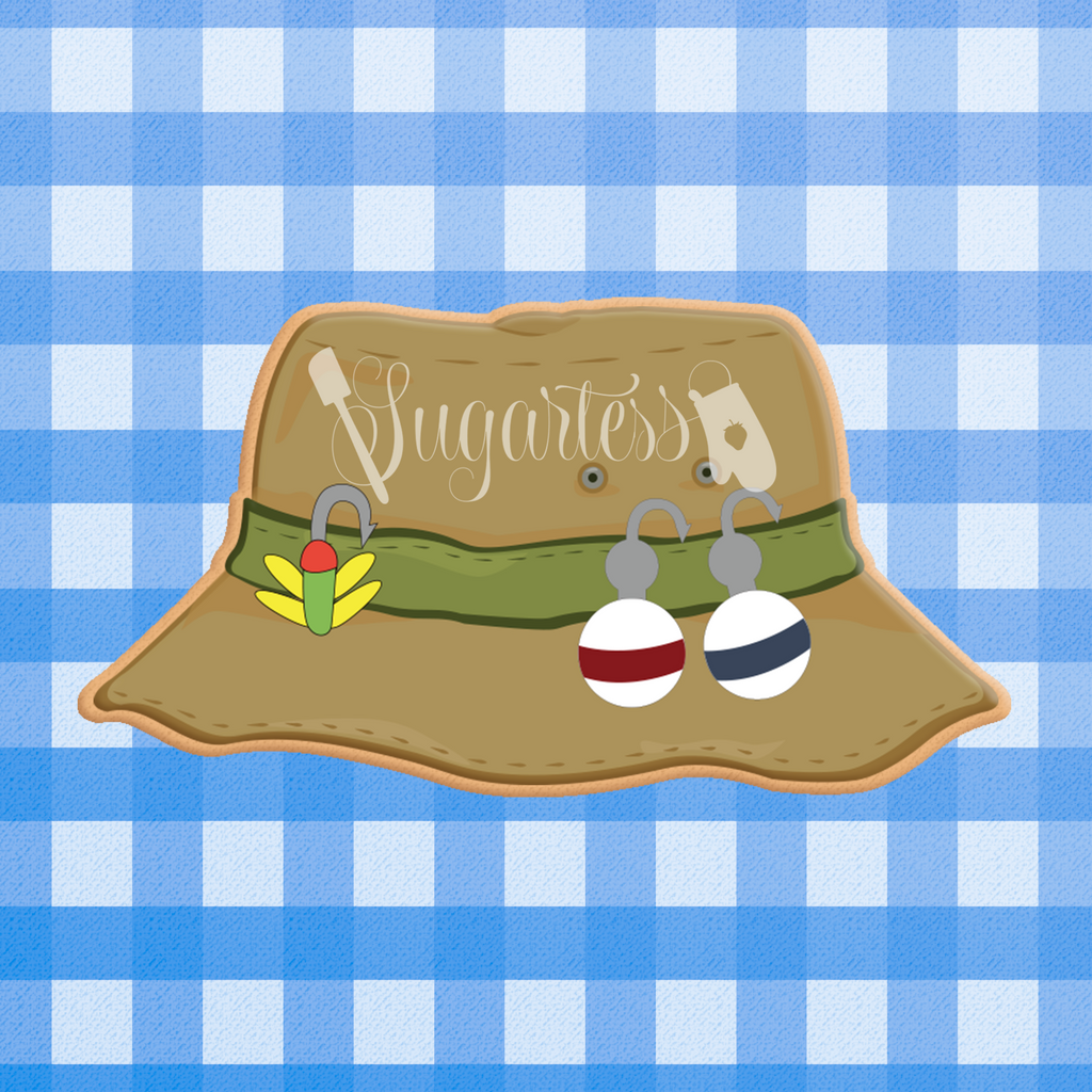 Sugartess custom cookie cutter in shape of fisherman bucket or boonie fishing hat.