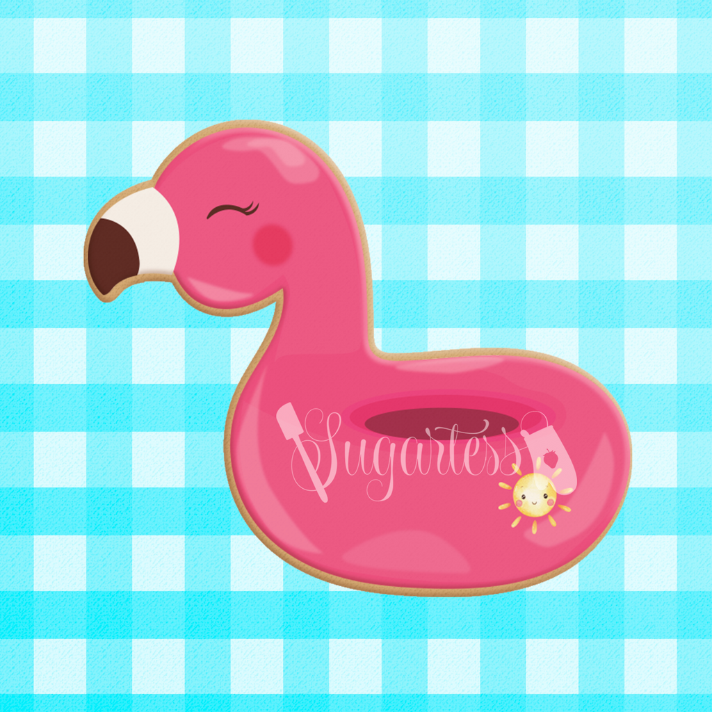 Sugartess custom cookie cutter in shape of chubby flamingo float.