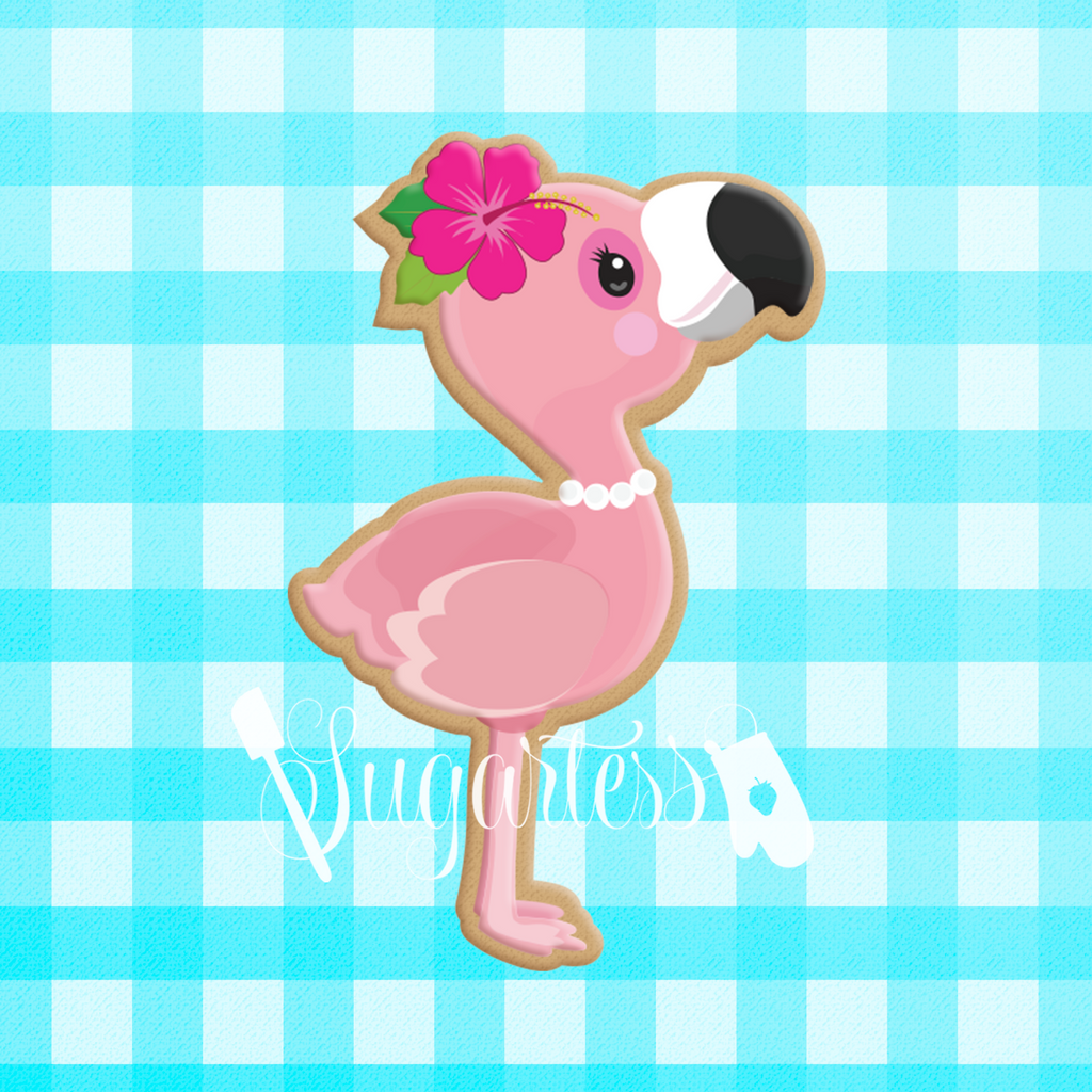 Sugartess custom cookie cutter in shape of girl flamingo bird with flower headpiece.