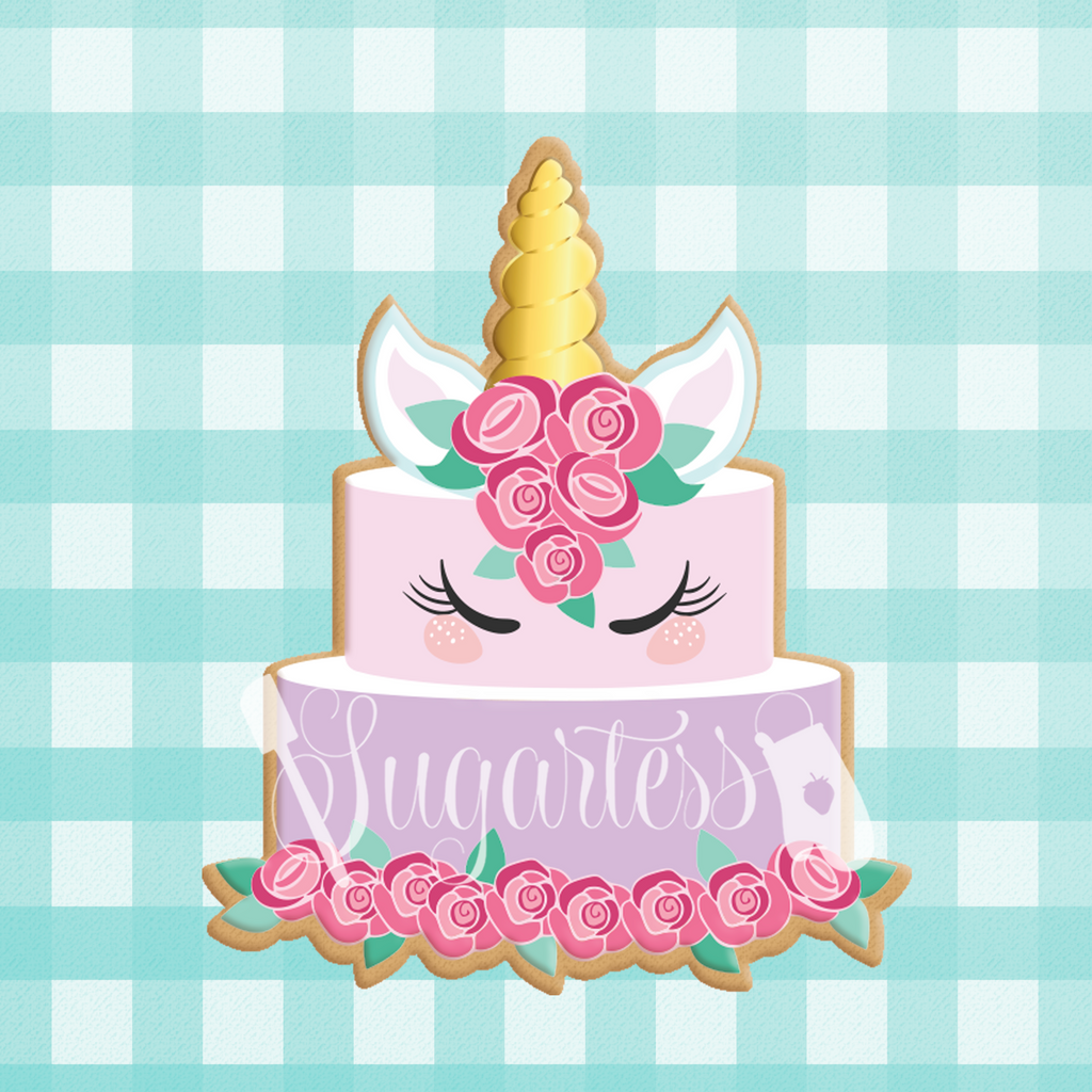 Sugartess custom cookie cutter in shape of a floral 2-tiered unicorn cake.