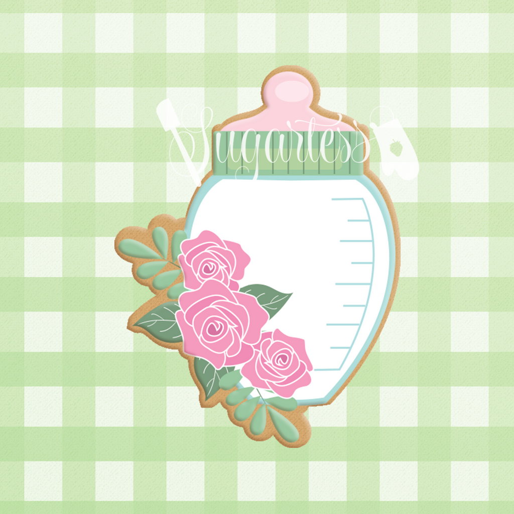 Sugartess custom cookie cutter in shape of floral baby bottle with rose garland.