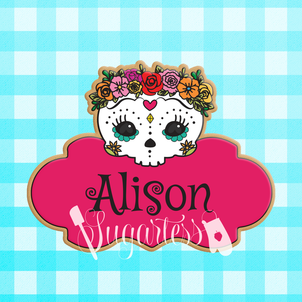 Sugartess custom cookie cutter in shape of horizontal floral skull plaque.