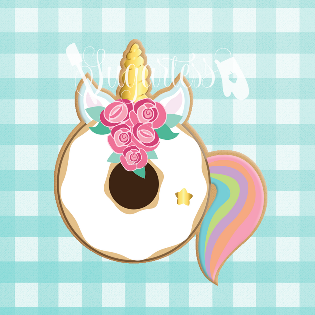 Sugartess custom cookie cutter in shape of floral unicorn donut with tail.