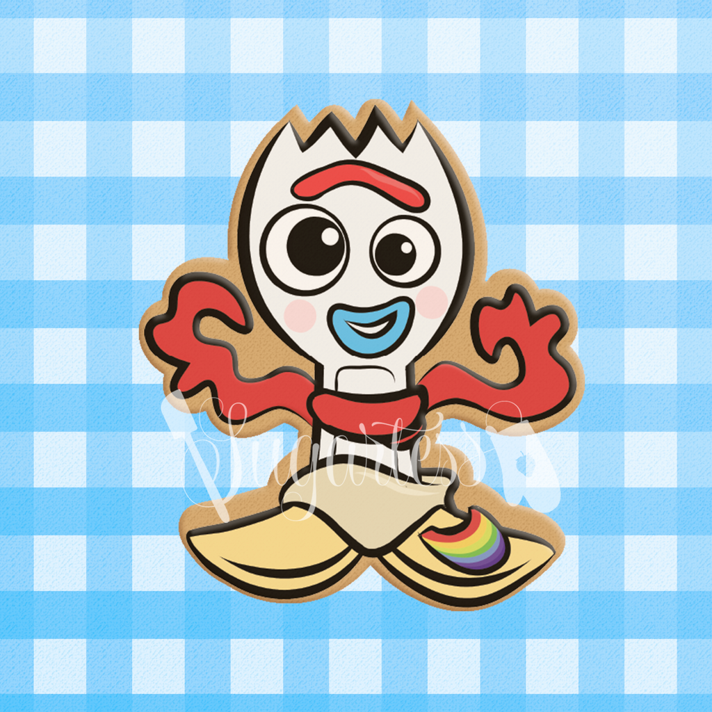 Sugartess custom cookie cutter in shape of toy spork character.