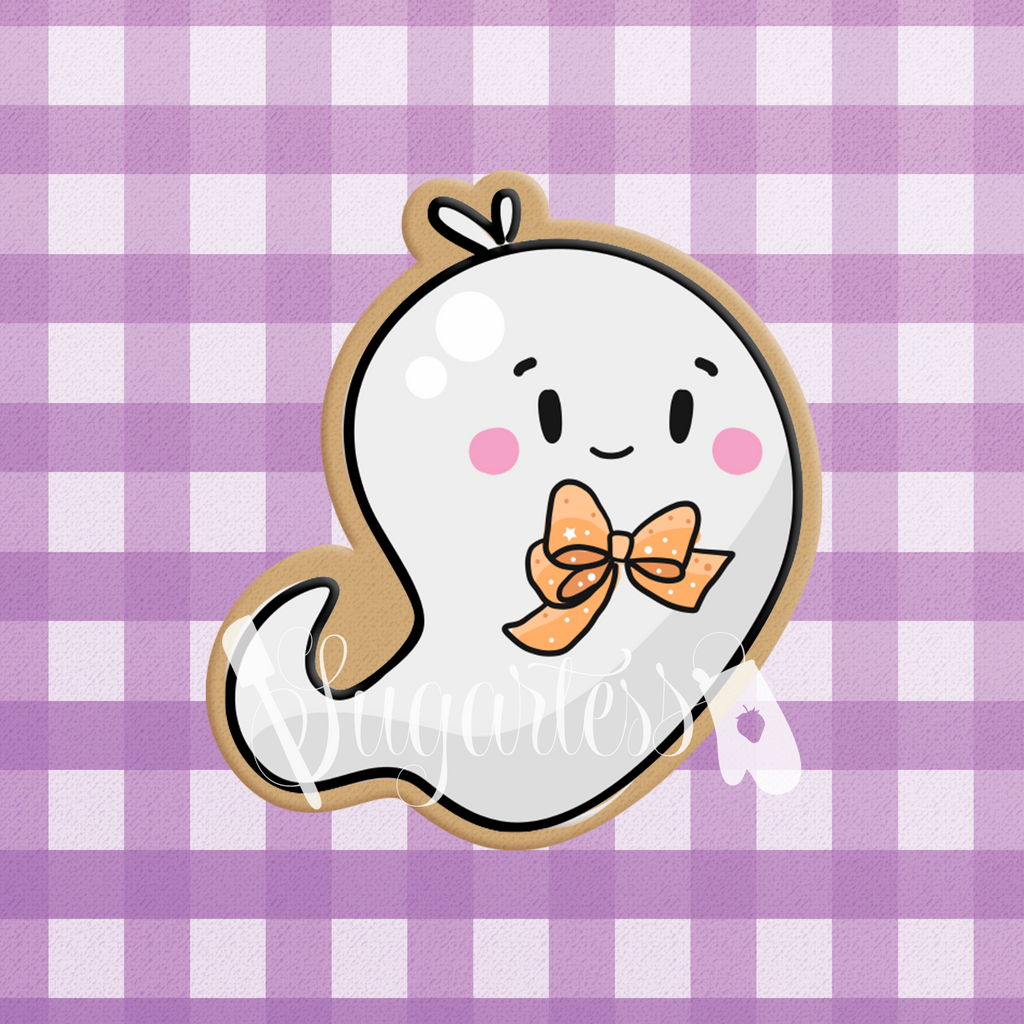 Sugartess custom Halloween cookie cutter in shape of a cute formal ghost wearing a bowtie.