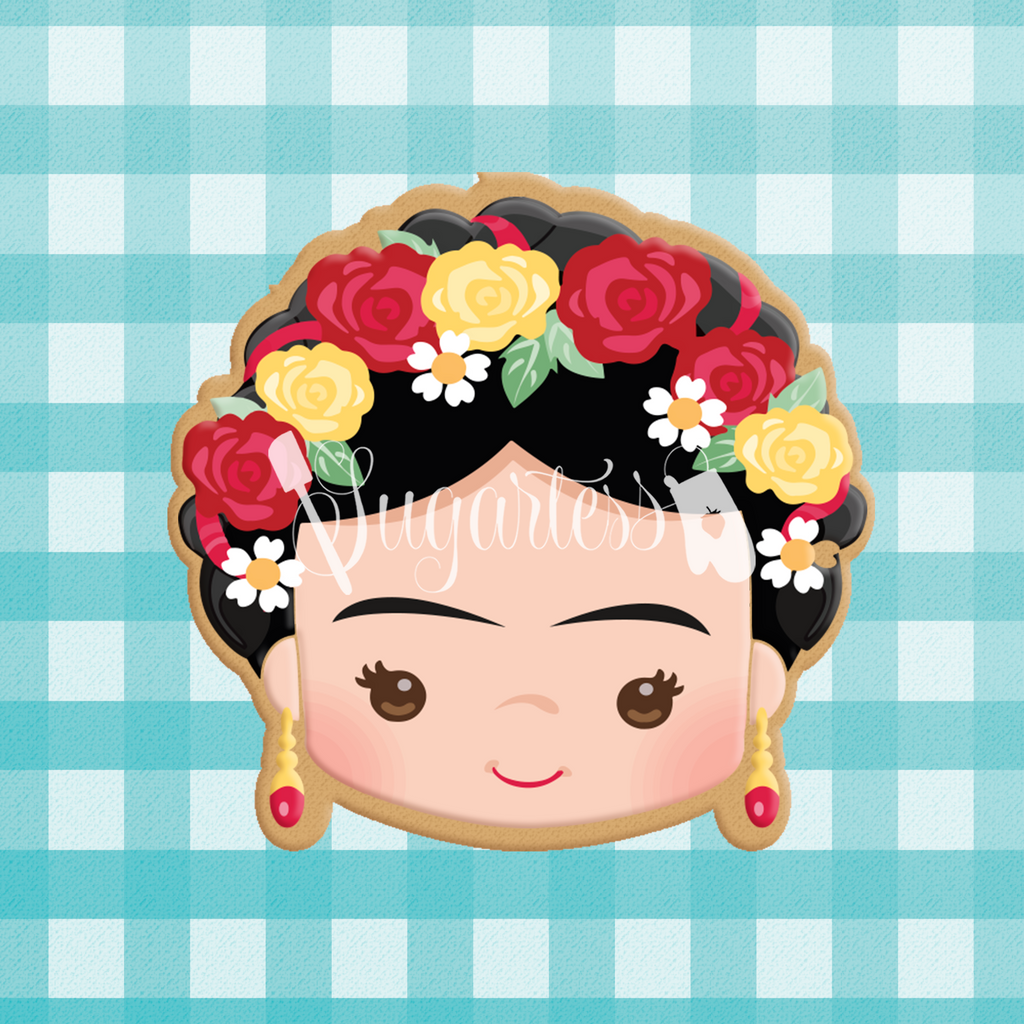 Sugartess custom cookie cutter in shape of Frida Khalo's head with flower headband.