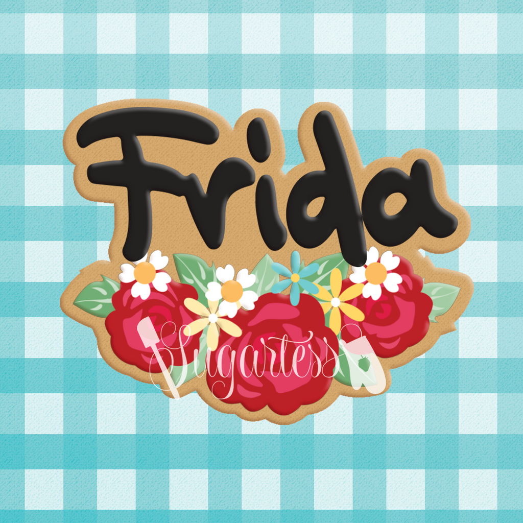 Sugartess custom cookie cutter in shape of Frida Khalo name plaque with rose garland.