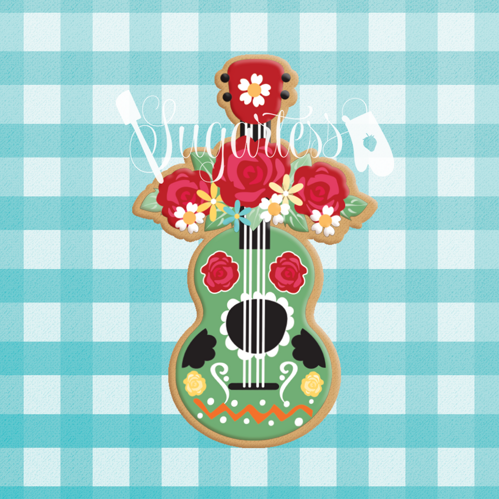 Sugartess custom cookie cutter in shape of floral guitar or Hawaiian ukulele with rose garland,