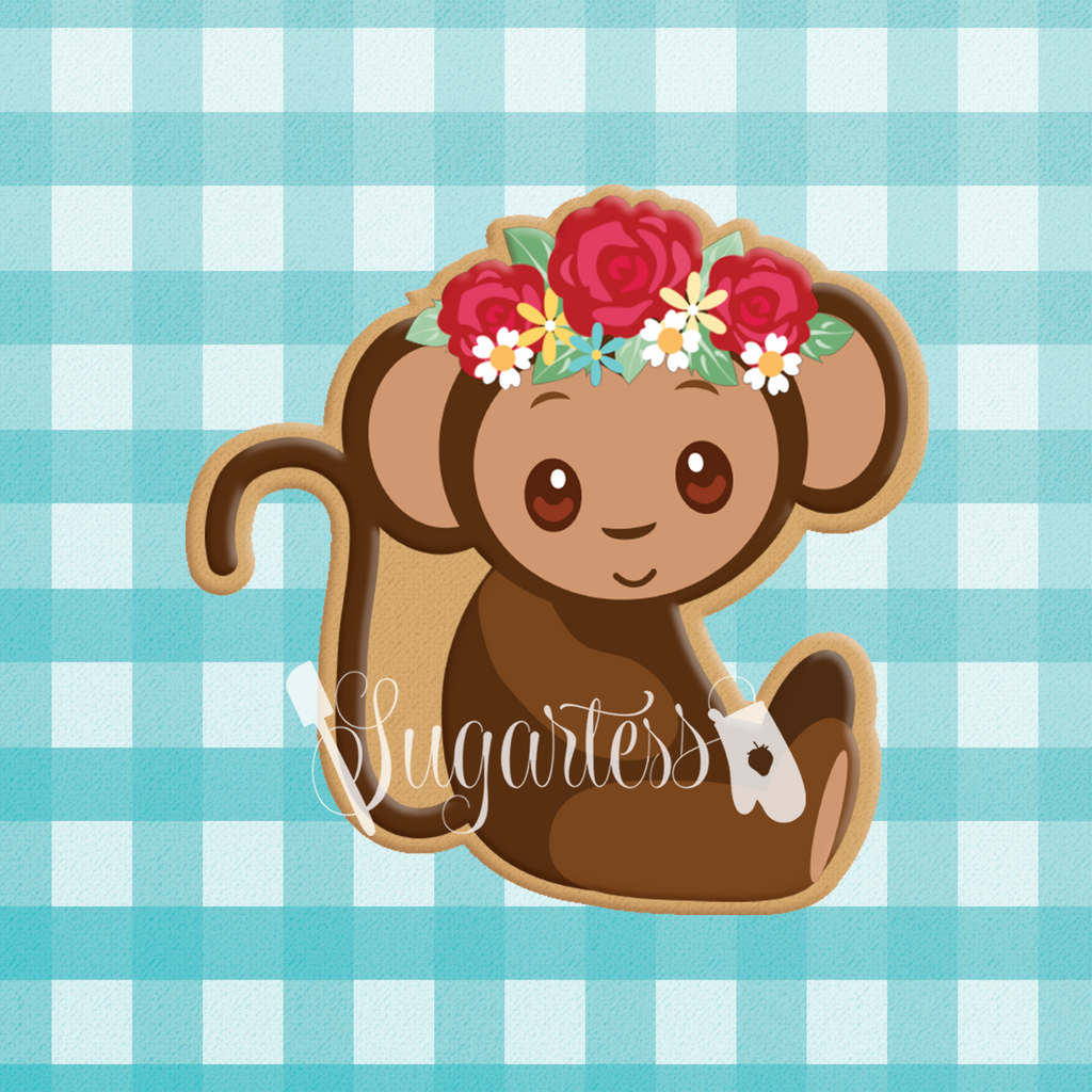 Sugartess custom cookie cutter in shape of Frida Khalo's girl pet monkey with rose headband.