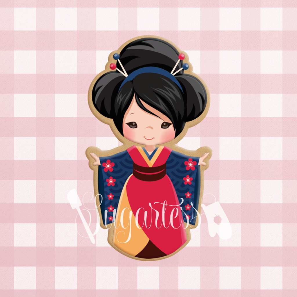 Sugartess cookie cutter in shape of     Japanese Kokeshi Girl 1. 3D printed from biodegradable  PLA plastic in different sizes ranging from 2 to 6 inches.
