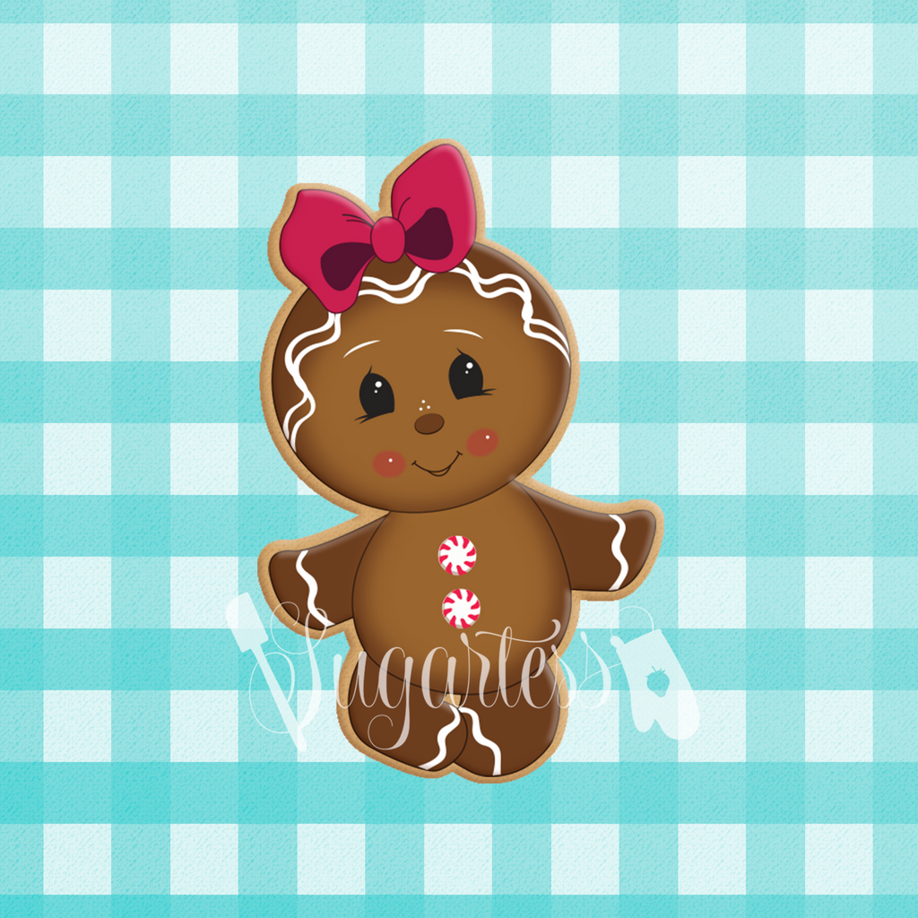 Sugartess custom cookie cutter in shape of gingerbread girl with head bow.