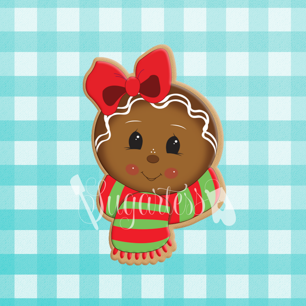 Sugartess custom cookie cutter in shape of gingerbread girl's head with scarf.