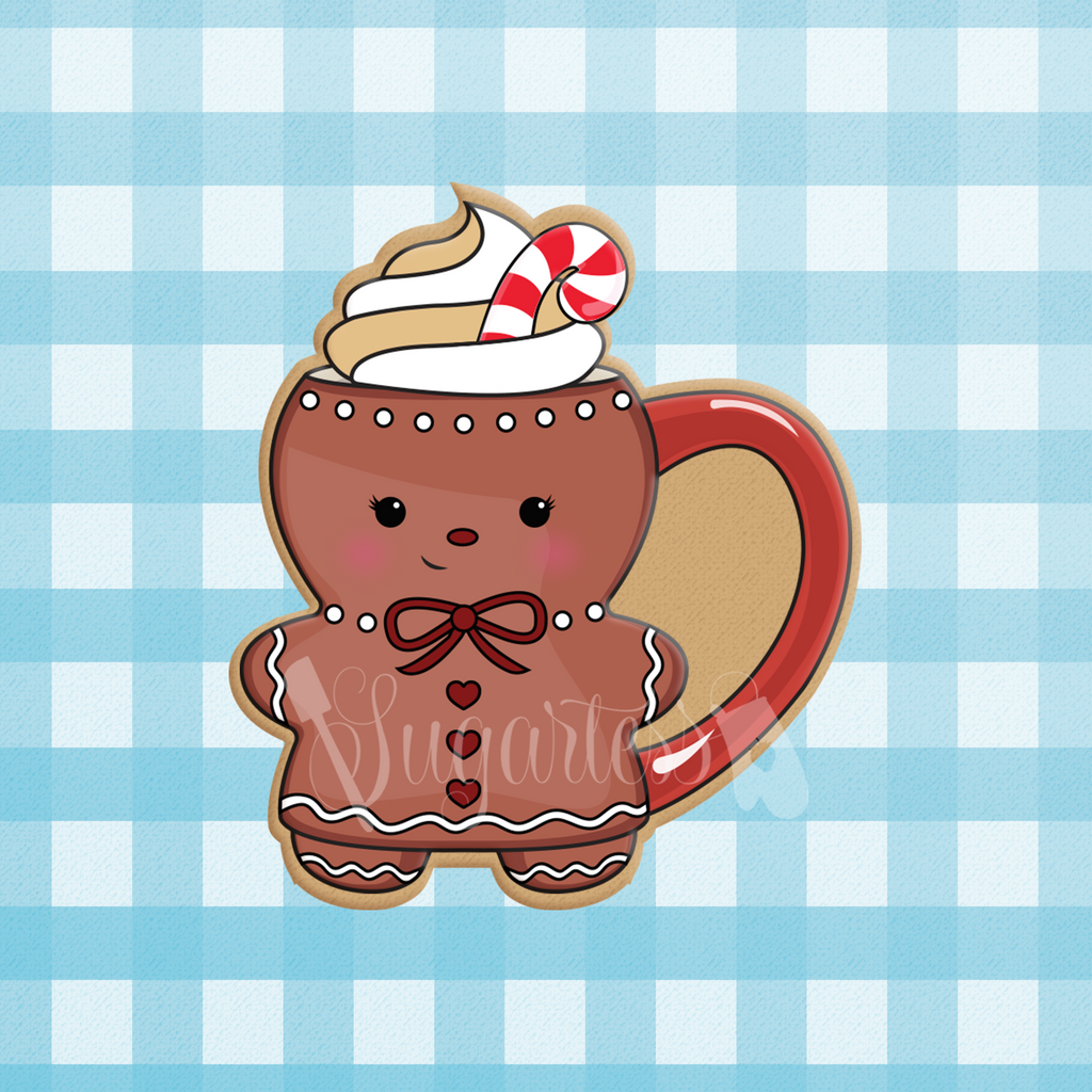 Sugartess Christmas cookie cutter in shape of Gingerbread Girl Mug Cup with Cream Dollop and Candy Cane on top.