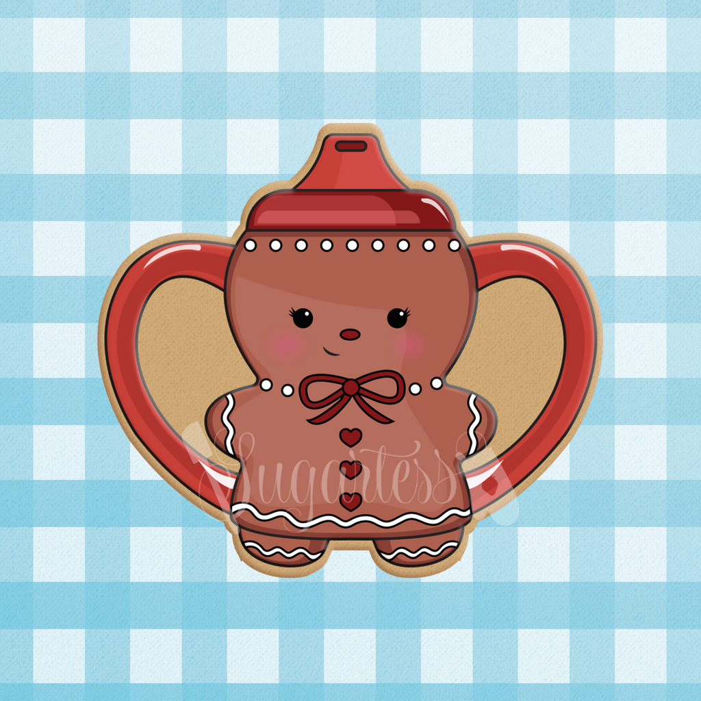 Sugartess Christmas cookie cutter in shape of a gingerbread girl baby sippy cup.