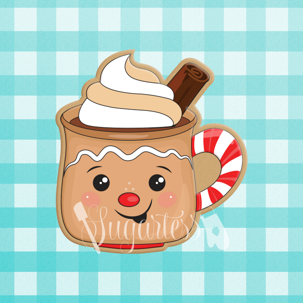 Sugartess custom cookie cutter in shape of Gingerbread Man Head Mug Cup with Cream and Cinnamon Stick.