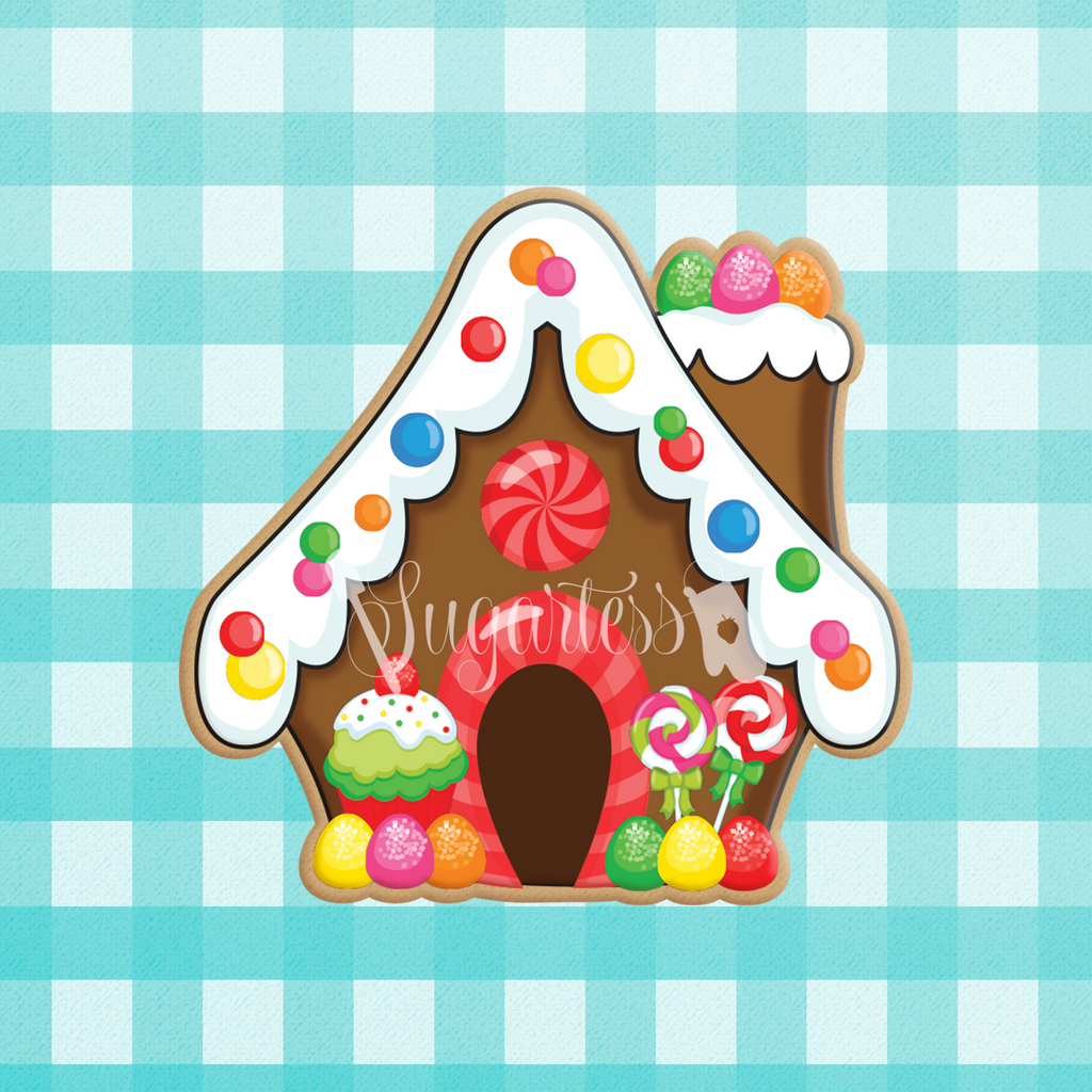 Sugartess holiday cookie cutter in shape of a gingerbread and candy house.