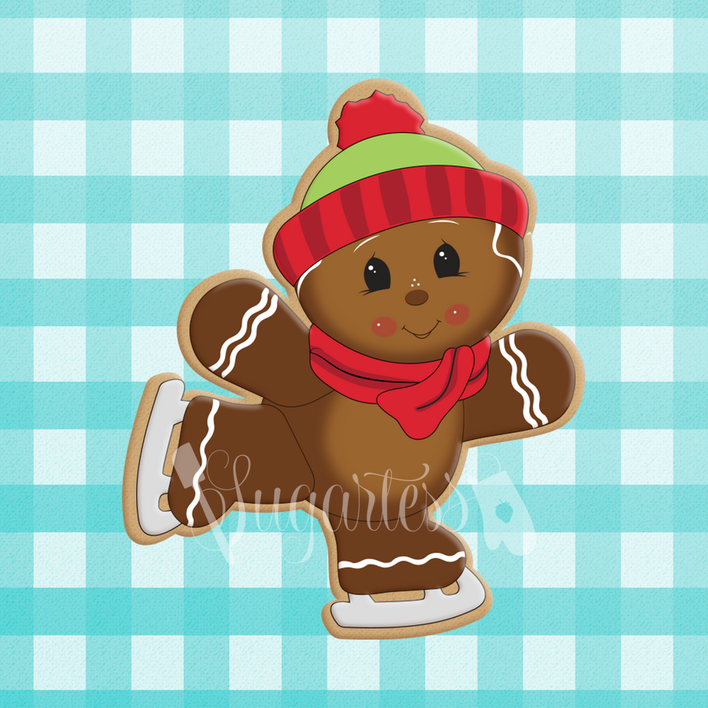 Sugartess holiday cookie cutter in shape of a gingerbread man with winter hat ice skating.