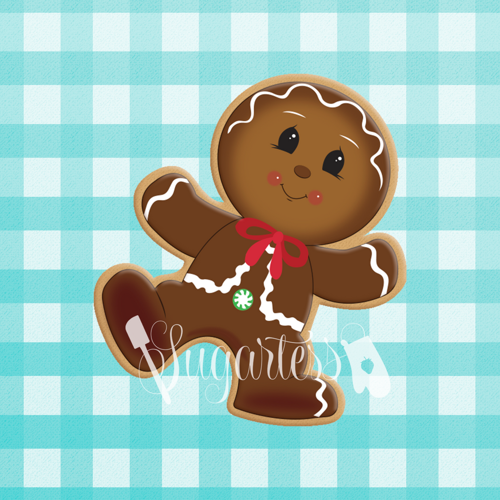 Sugartess custom cookie cutter in shape of dancing gingerbread man.