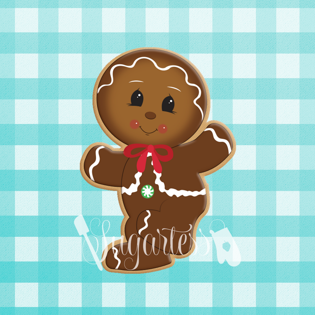 Sugartess custom cookie cutter in shape of dancing gingerbread man.