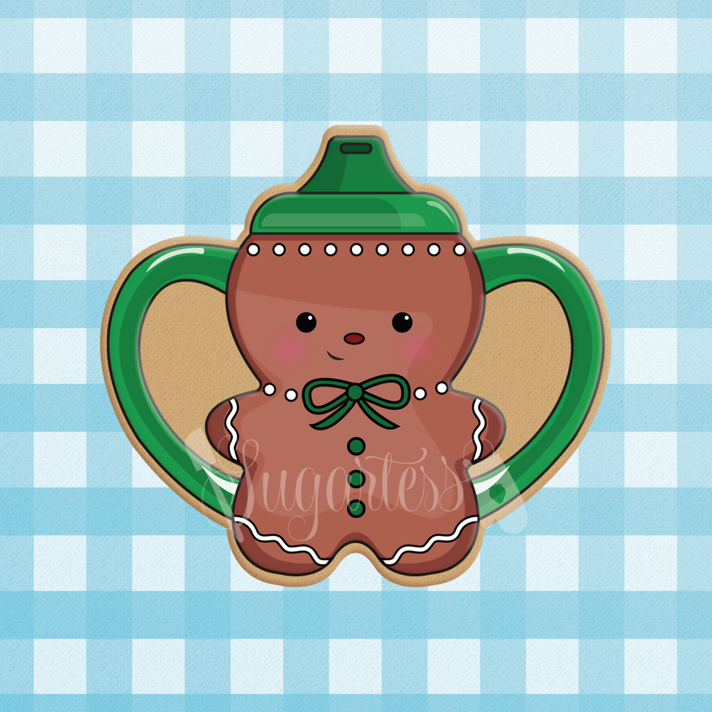 Sugartess Christmas cookie cutter in shape of a gingerbread man baby sippy cup.